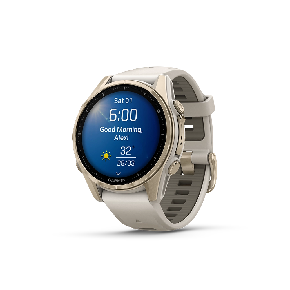 Garmin Fenix 8 AMOLED Sapphire 43mm; kolor Soft Gold z paskiem Fog Grey