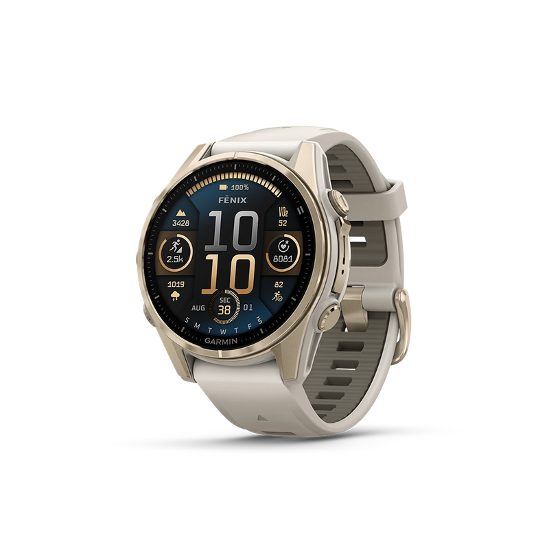 Garmin Fenix 8 AMOLED Sapphire 43mm; kolor Soft Gold z paskiem Fog Grey