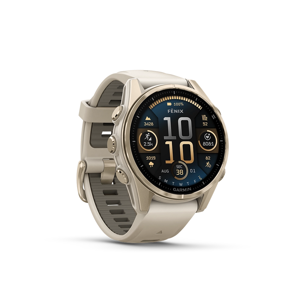 Garmin Fenix 8 AMOLED Sapphire 43mm; kolor Soft Gold z paskiem Fog Grey