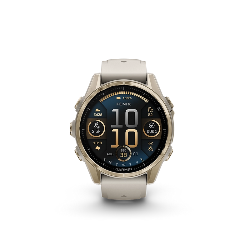 Garmin Fenix 8 AMOLED Sapphire 43mm; kolor Soft Gold z paskiem Fog Grey