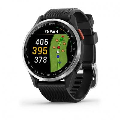 Garmin Approach S44  Srebrny, aluminiowy bezel z czarnym, silikonowym paskiem