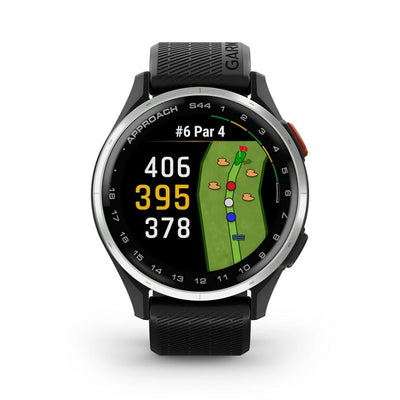 Garmin Approach S44  Srebrny, aluminiowy bezel z czarnym, silikonowym paskiem