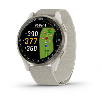 Garmin Approach S50  Aluminiowy bezel w kolorze Cream Gold z nylonowym paskiem ComfortFit w kolorze Ivory